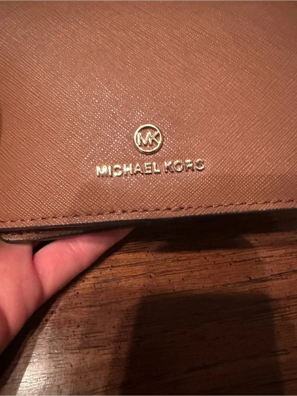 Michael Kors Tan Saffiano fold wallet with Gold Logo